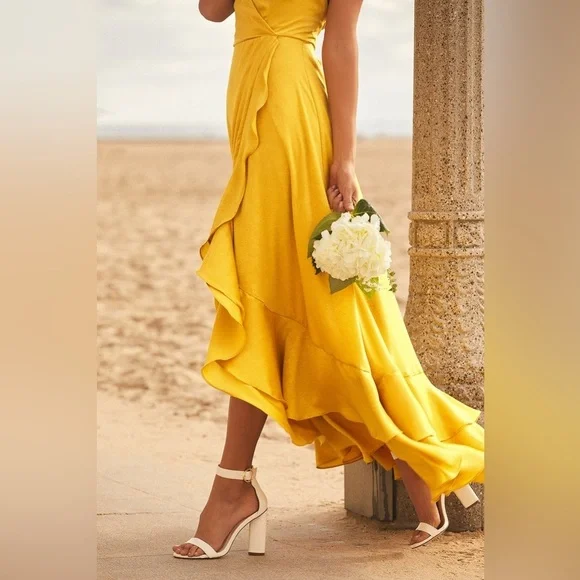 NWOT‎ Lulus In Love Forever Mustard Yellow Satin Lace-Up High-Low Maxi Dress - Picture 6 of 10
